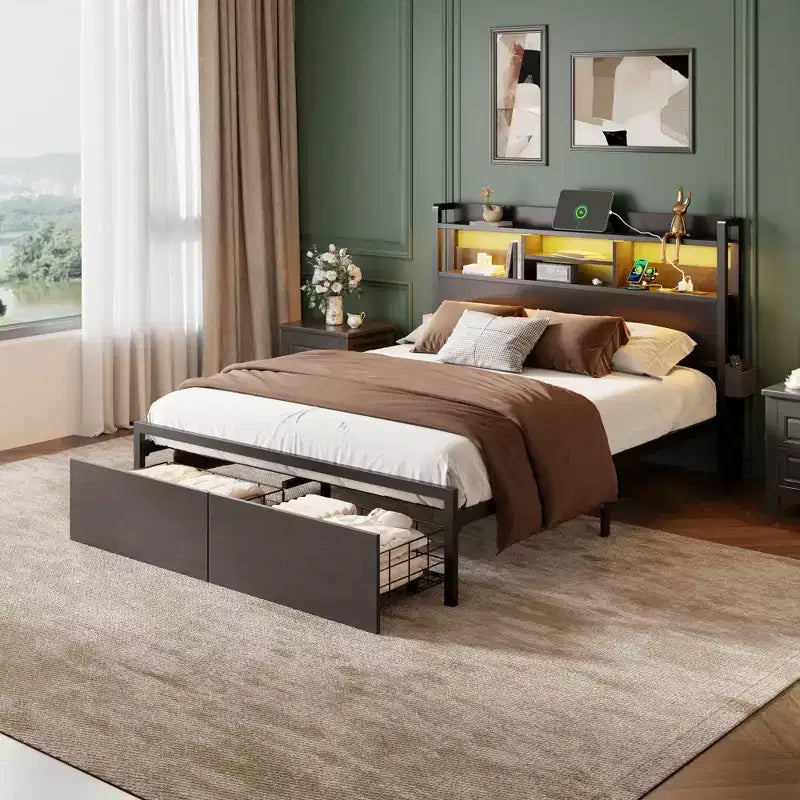 Full Size Platform Bed Frame with Storage Drawers Headboard Shelf LED Lights Charging Station Industrial Black Metal No Box Spring Needed Teen