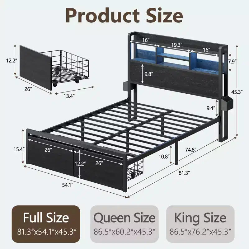 Full Size Platform Bed Frame with Storage Drawers Headboard Shelf LED Lights Charging Station Industrial Black Metal No Box Spring Needed Teen