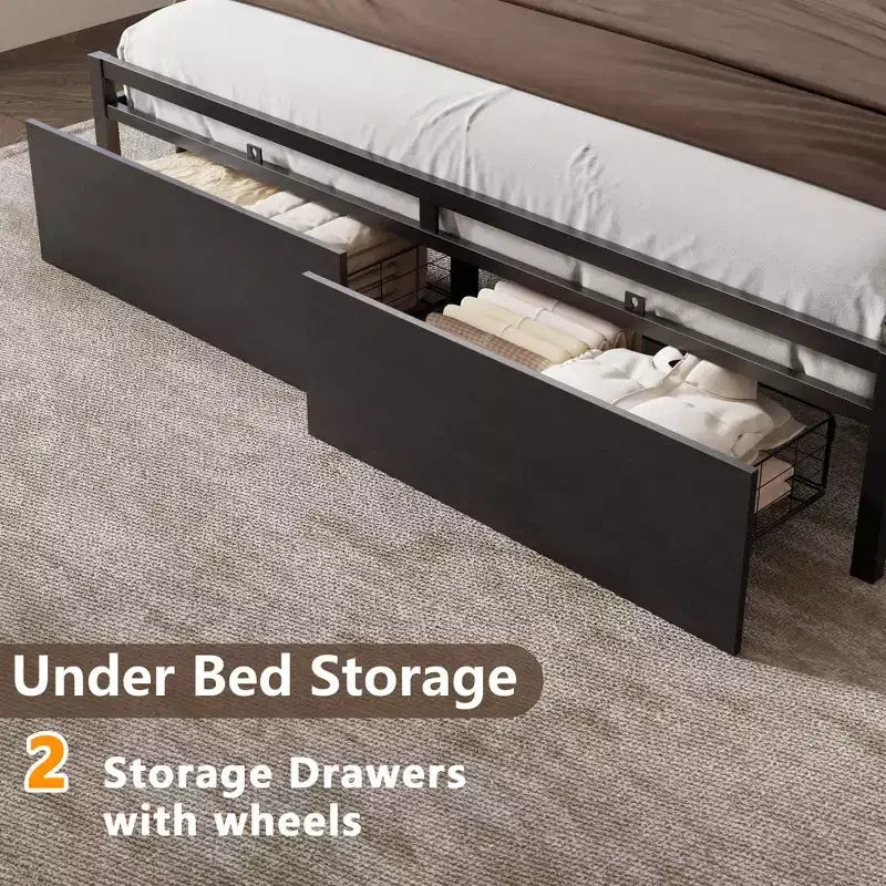 Full Size Platform Bed Frame with Storage Drawers Headboard Shelf LED Lights Charging Station Industrial Black Metal No Box Spring Needed Teen