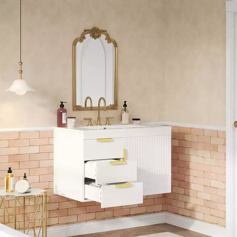 Mobile bagno da 30 pollici a parete con lavabo in ceramica, cassetti e ante a chiusura ammortizzata; mobile bagno moderno