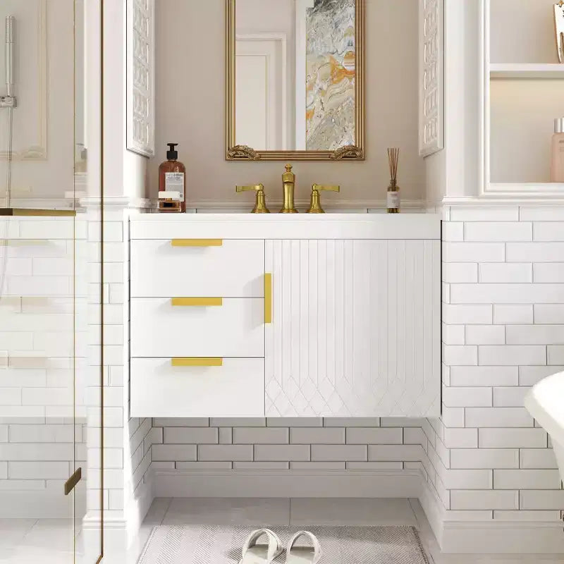 Mobile bagno da 30 pollici a parete con lavabo in ceramica, cassetti e ante a chiusura ammortizzata; mobile bagno moderno