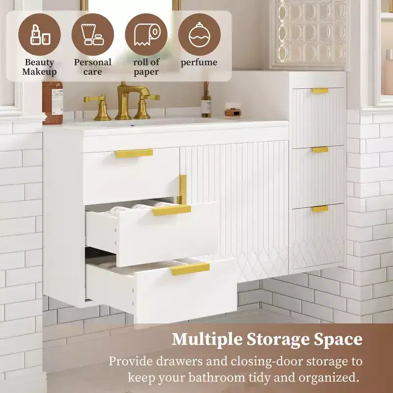 Mobile bagno da 30 pollici a parete con lavabo in ceramica, cassetti e ante a chiusura ammortizzata; mobile bagno moderno