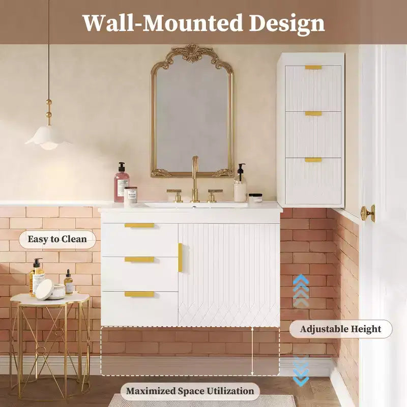 Bathroom Vanity 30-Inch Wall-Mounted with Ceramic Sink, Drawers, and Soft-Close Doors; Modern Bathroom Vanity