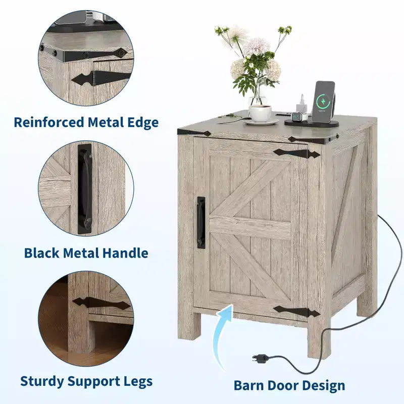 Farmhouse Nightstand with Charging Station, 18 Wooden Bedside Table with Barn Door, Adjustable Shelf &amp; Two-Level Storage