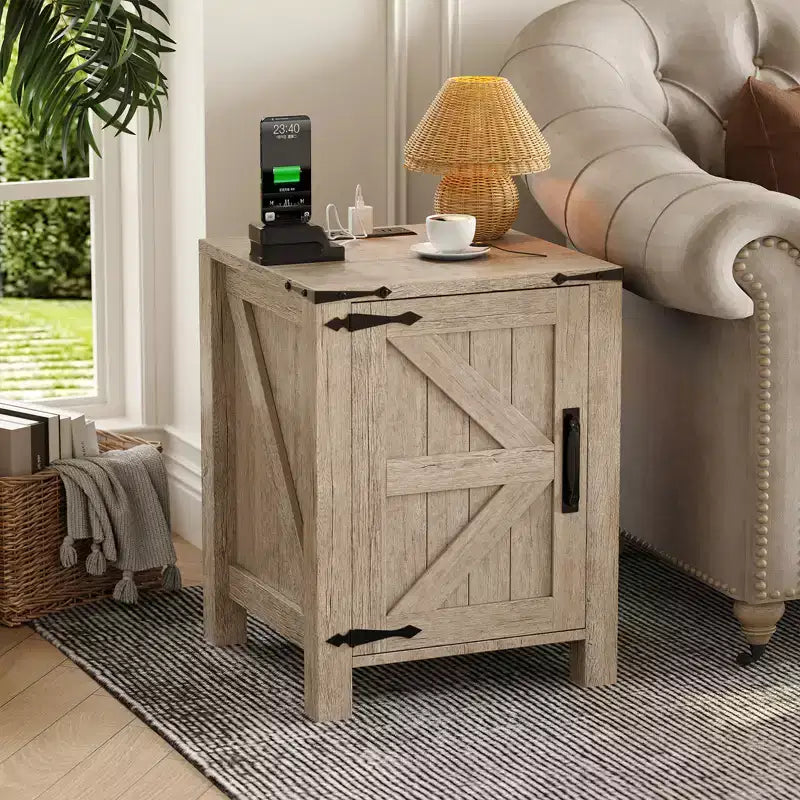 Farmhouse Nightstand with Charging Station, 18 Wooden Bedside Table with Barn Door, Adjustable Shelf &amp; Two-Level Storage