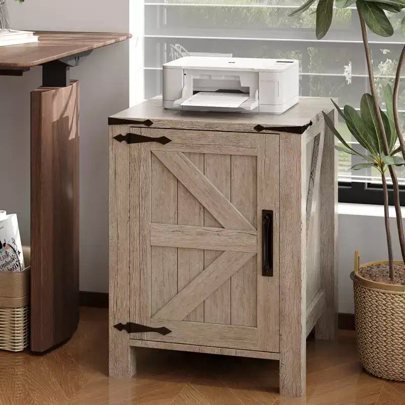 Farmhouse Nightstand with Charging Station, 18 Wooden Bedside Table with Barn Door, Adjustable Shelf &amp; Two-Level Storage