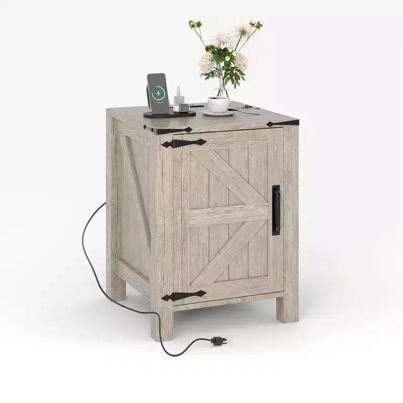Farmhouse Nightstand with Charging Station, 18 Wooden Bedside Table with Barn Door, Adjustable Shelf &amp; Two-Level Storage