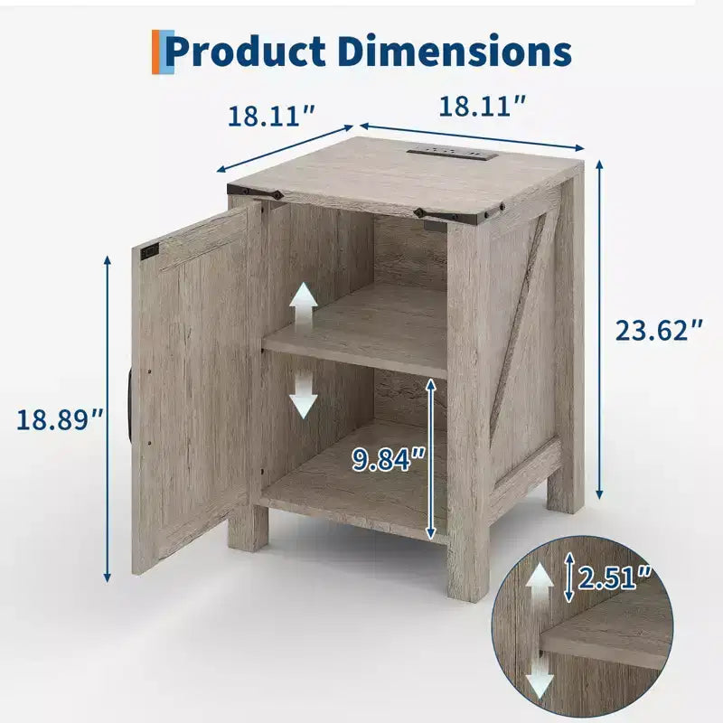 Farmhouse Nightstand with Charging Station, 18 Wooden Bedside Table with Barn Door, Adjustable Shelf &amp; Two-Level Storage
