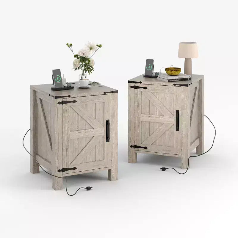 Farmhouse Nightstand with Charging Station, 18 Wooden Bedside Table with Barn Door, Adjustable Shelf &amp; Two-Level Storage