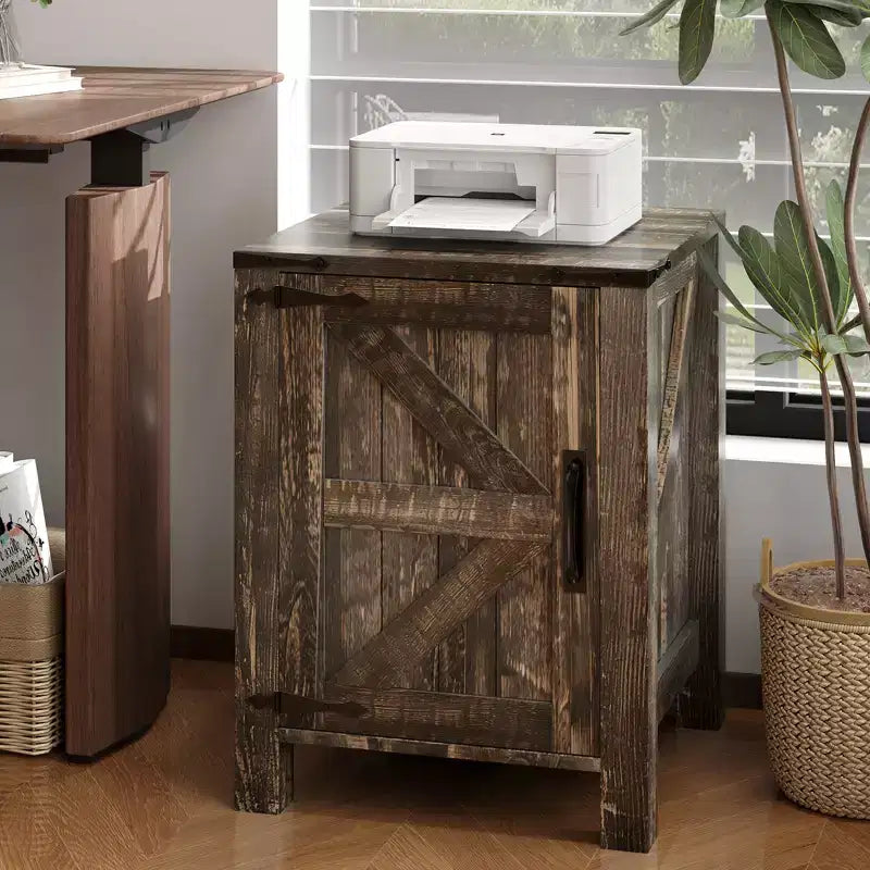 Farmhouse Nightstand with Charging Station, 18 Wooden Bedside Table with Barn Door, Adjustable Shelf &amp; Two-Level Storage