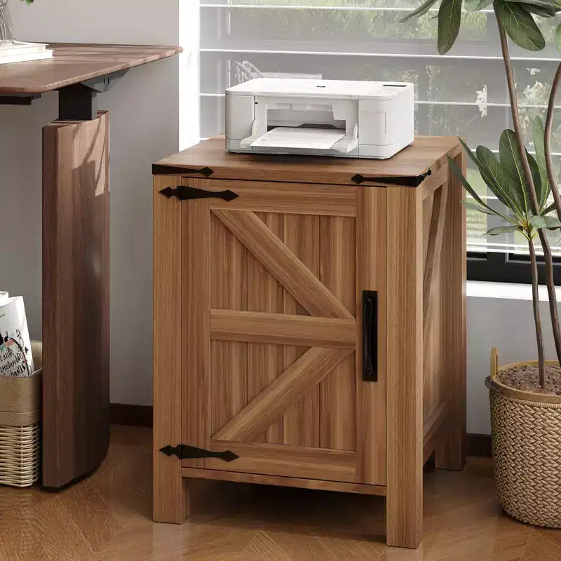 Farmhouse Nightstand with Charging Station, 18 Wooden Bedside Table with Barn Door, Adjustable Shelf &amp; Two-Level Storage