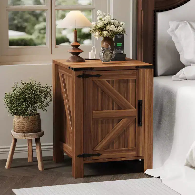 Farmhouse Nightstand with Charging Station, 18 Wooden Bedside Table with Barn Door, Adjustable Shelf &amp; Two-Level Storage
