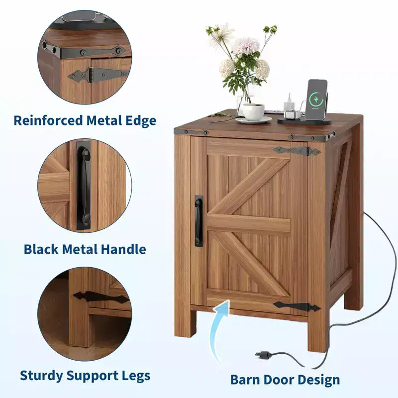 Farmhouse Nightstand with Charging Station, 18 Wooden Bedside Table with Barn Door, Adjustable Shelf &amp; Two-Level Storage