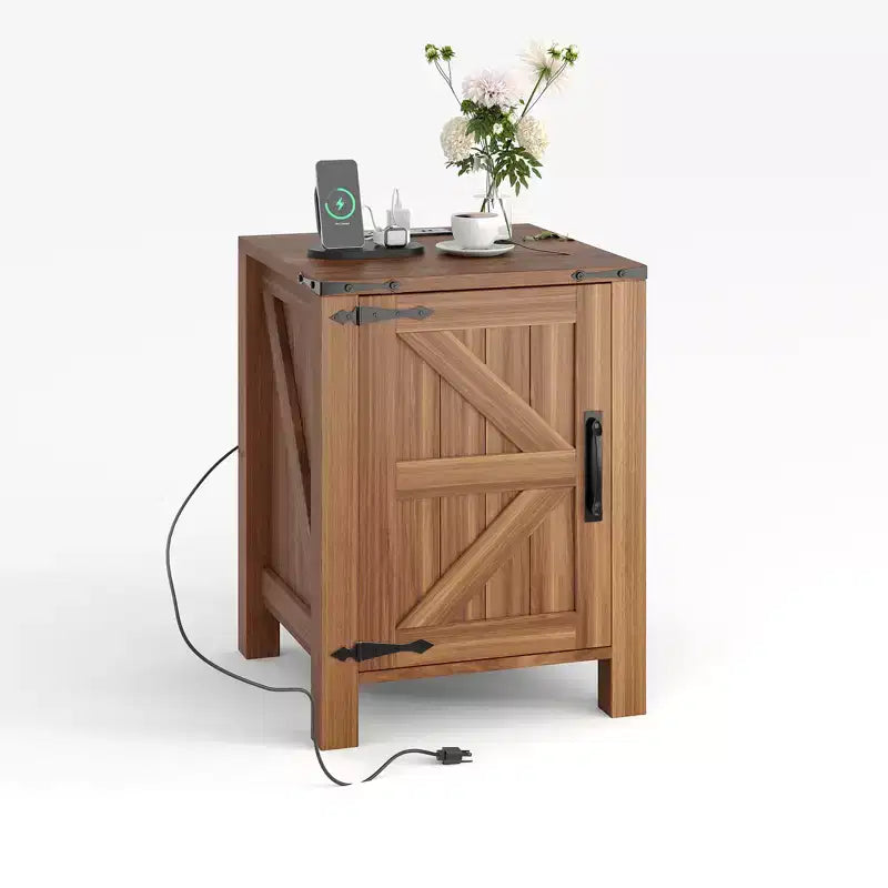 Farmhouse Nightstand with Charging Station, 18 Wooden Bedside Table with Barn Door, Adjustable Shelf &amp; Two-Level Storage