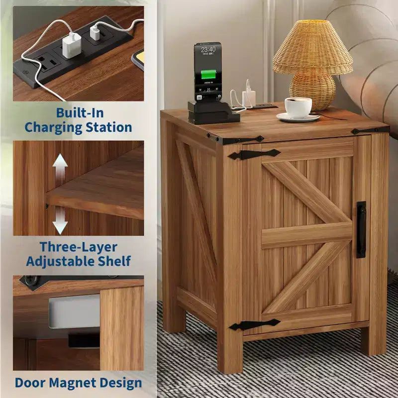 Farmhouse Nightstand with Charging Station, 18 Wooden Bedside Table with Barn Door, Adjustable Shelf &amp; Two-Level Storage