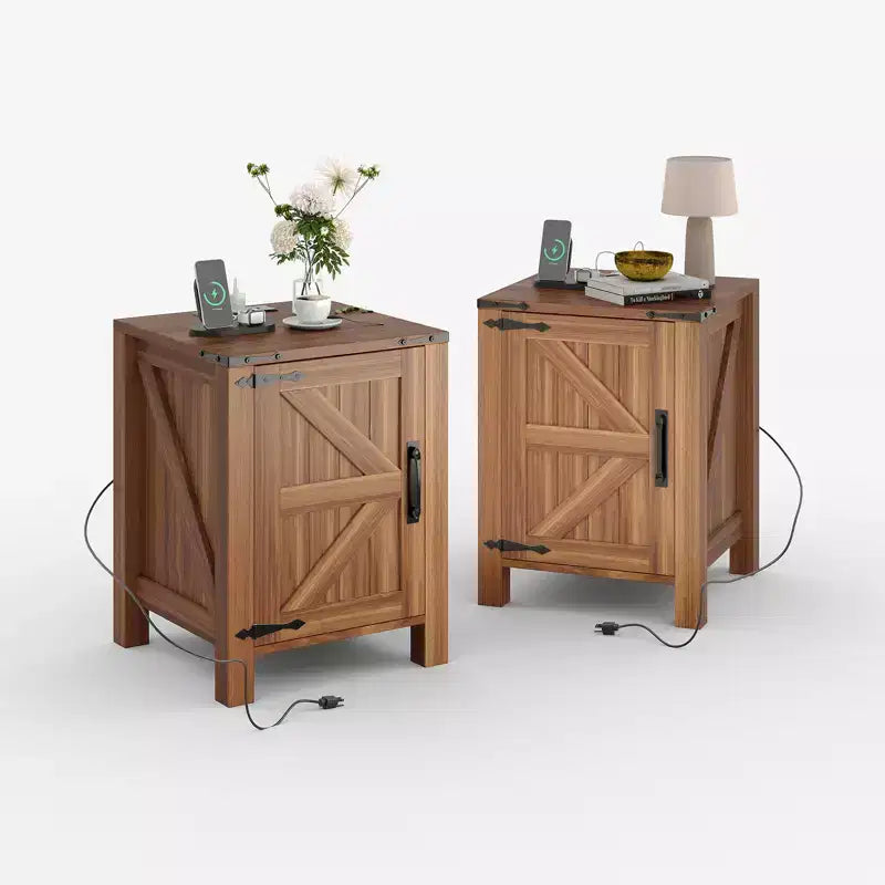 Farmhouse Nightstand with Charging Station, 18 Wooden Bedside Table with Barn Door, Adjustable Shelf &amp; Two-Level Storage