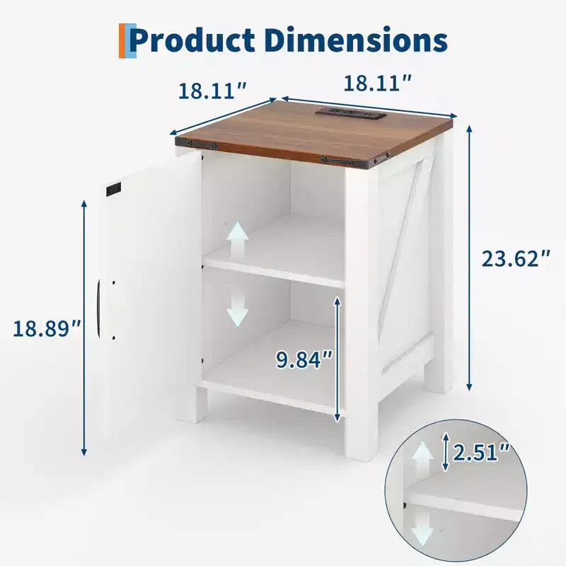 Farmhouse Nightstand with Charging Station, 18 Wooden Bedside Table with Barn Door, Adjustable Shelf &amp; Two-Level Storage
