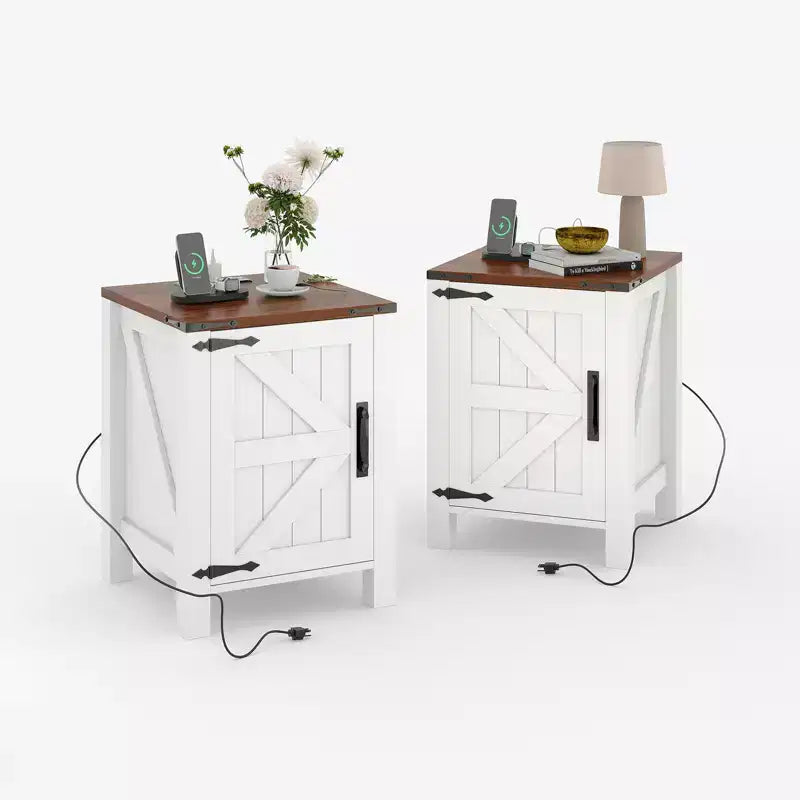 Farmhouse Nightstand with Charging Station, 18 Wooden Bedside Table with Barn Door, Adjustable Shelf &amp; Two-Level Storage