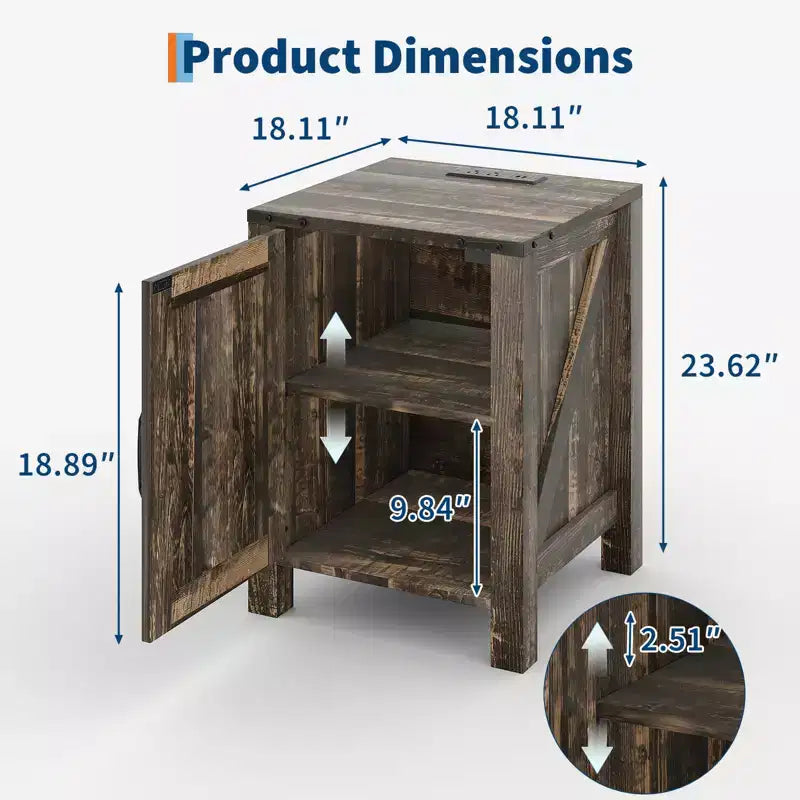 Farmhouse Nightstand with Charging Station, 18 Wooden Bedside Table with Barn Door, Adjustable Shelf &amp; Two-Level Storage