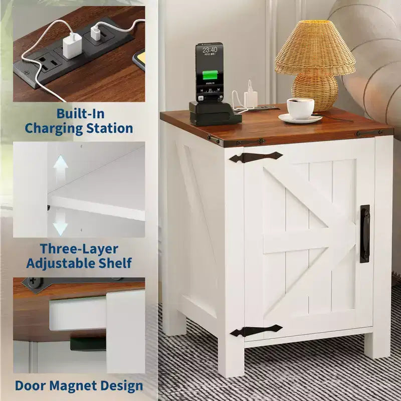 Farmhouse Nightstand with Charging Station, 18 Wooden Bedside Table with Barn Door, Adjustable Shelf &amp; Two-Level Storage