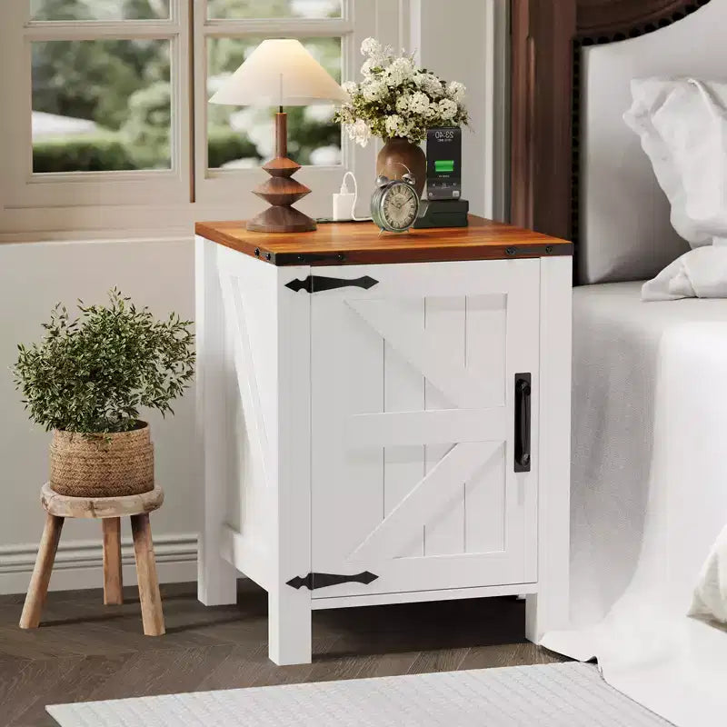 Farmhouse Nightstand with Charging Station, 18 Wooden Bedside Table with Barn Door, Adjustable Shelf &amp; Two-Level Storage