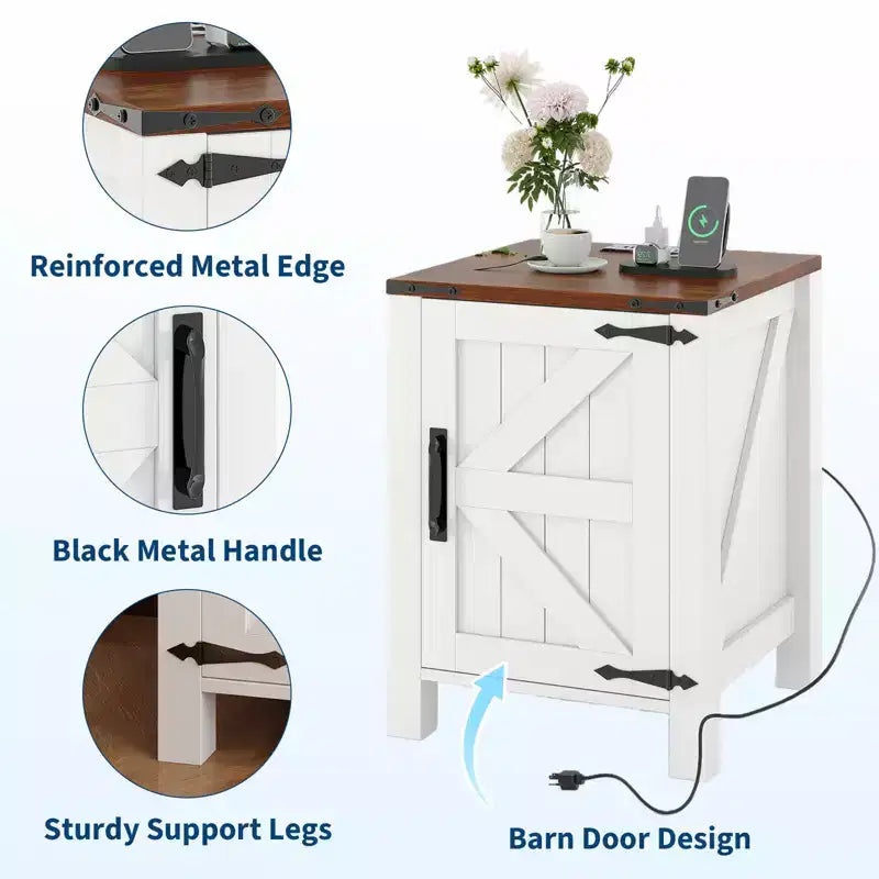 Farmhouse Nightstand with Charging Station, 18 Wooden Bedside Table with Barn Door, Adjustable Shelf &amp; Two-Level Storage
