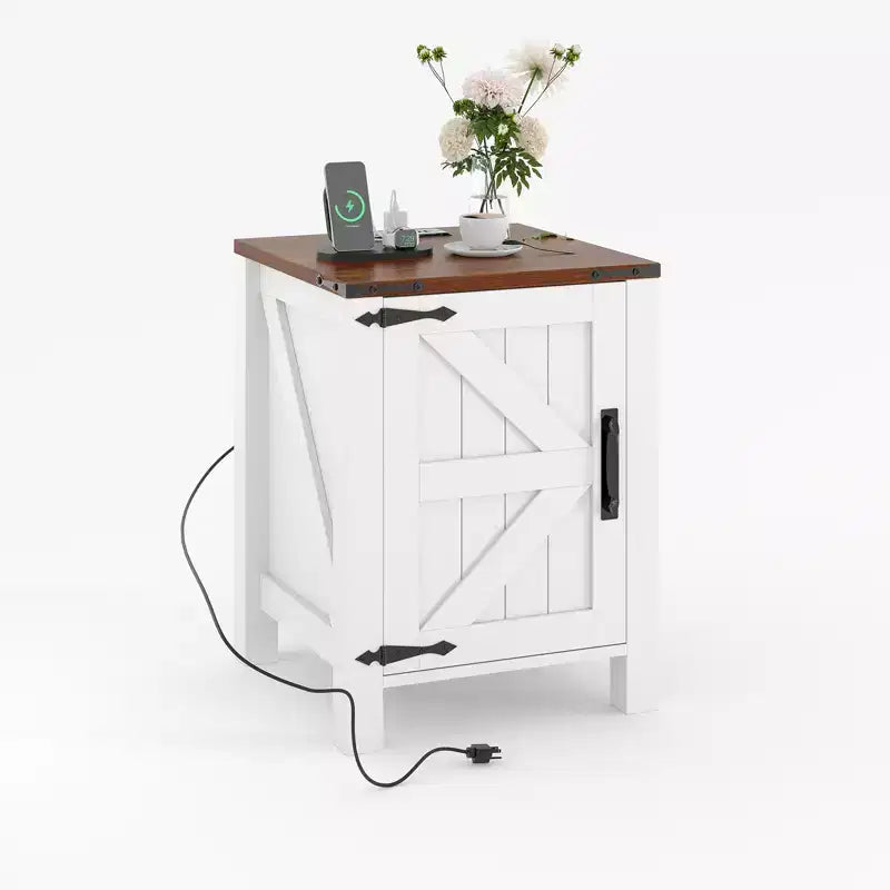 Farmhouse Nightstand with Charging Station, 18 Wooden Bedside Table with Barn Door, Adjustable Shelf &amp; Two-Level Storage