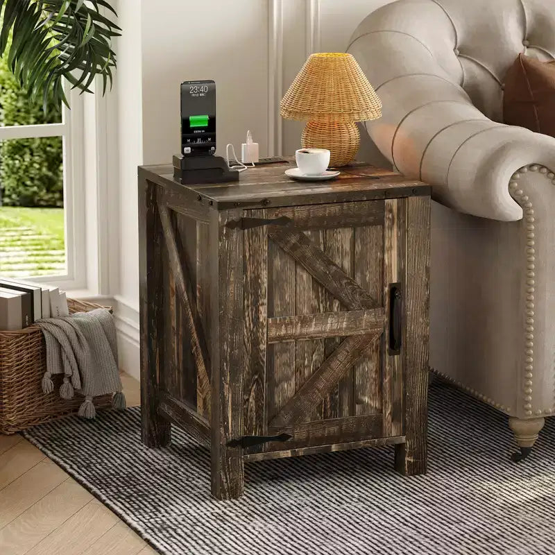 Farmhouse Nightstand with Charging Station, 18 Wooden Bedside Table with Barn Door, Adjustable Shelf &amp; Two-Level Storage