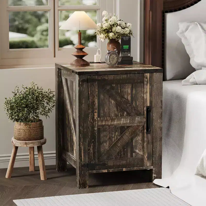 Farmhouse Nightstand with Charging Station, 18 Wooden Bedside Table with Barn Door, Adjustable Shelf &amp; Two-Level Storage