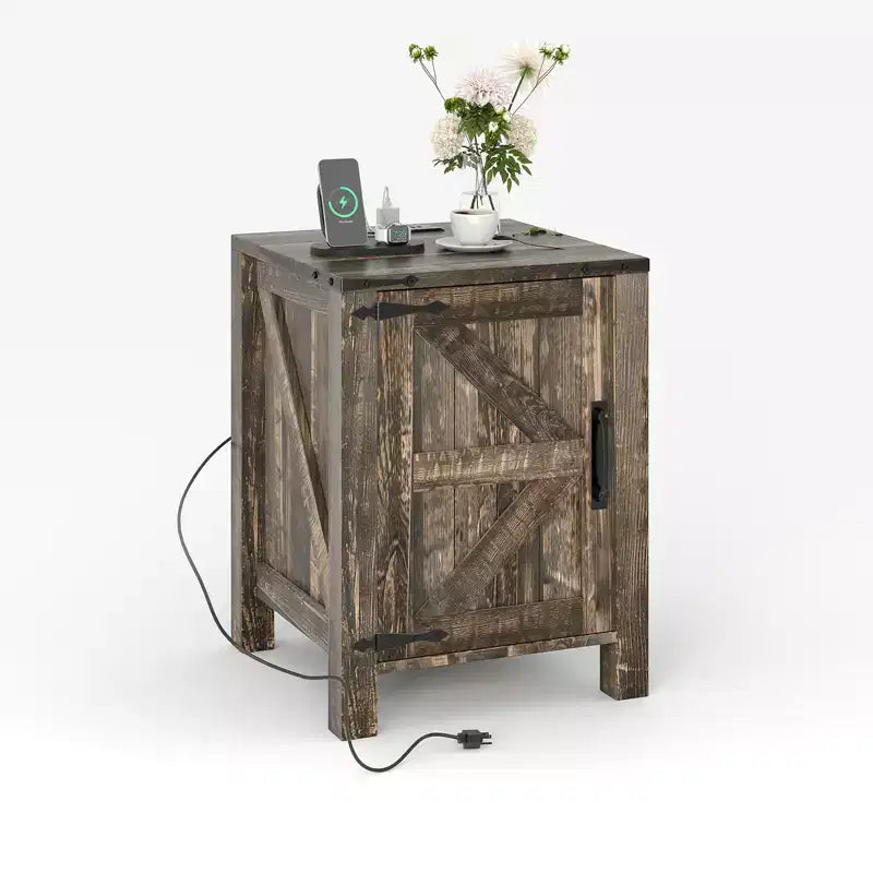 Farmhouse Nightstand with Charging Station, 18 Wooden Bedside Table with Barn Door, Adjustable Shelf &amp; Two-Level Storage