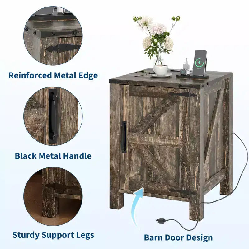 Farmhouse Nightstand with Charging Station, 18 Wooden Bedside Table with Barn Door, Adjustable Shelf &amp; Two-Level Storage