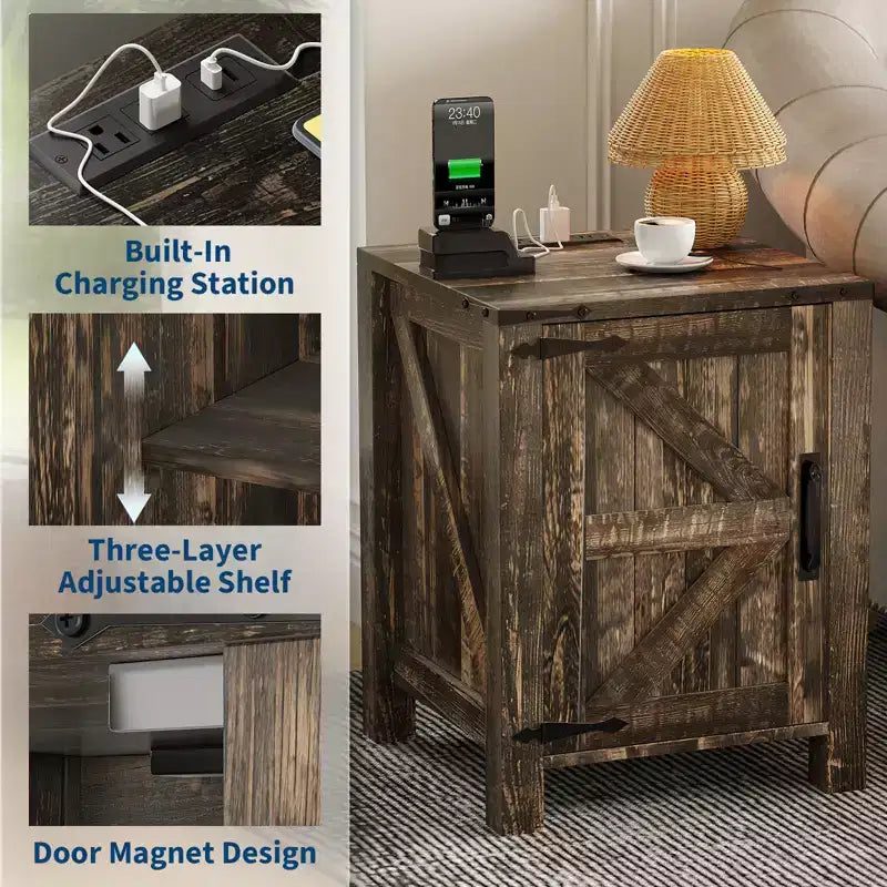Farmhouse Nightstand with Charging Station, 18 Wooden Bedside Table with Barn Door, Adjustable Shelf &amp; Two-Level Storage