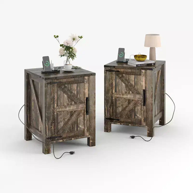 Farmhouse Nightstand with Charging Station, 18 Wooden Bedside Table with Barn Door, Adjustable Shelf &amp; Two-Level Storage