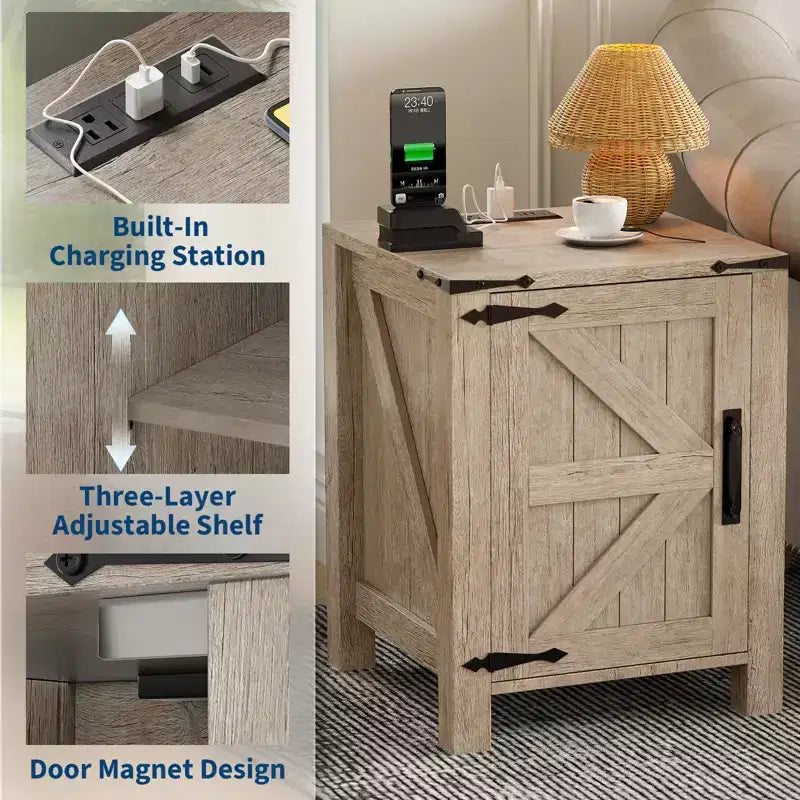 Farmhouse Nightstand with Charging Station, 18 Wooden Bedside Table with Barn Door, Adjustable Shelf &amp; Two-Level Storage