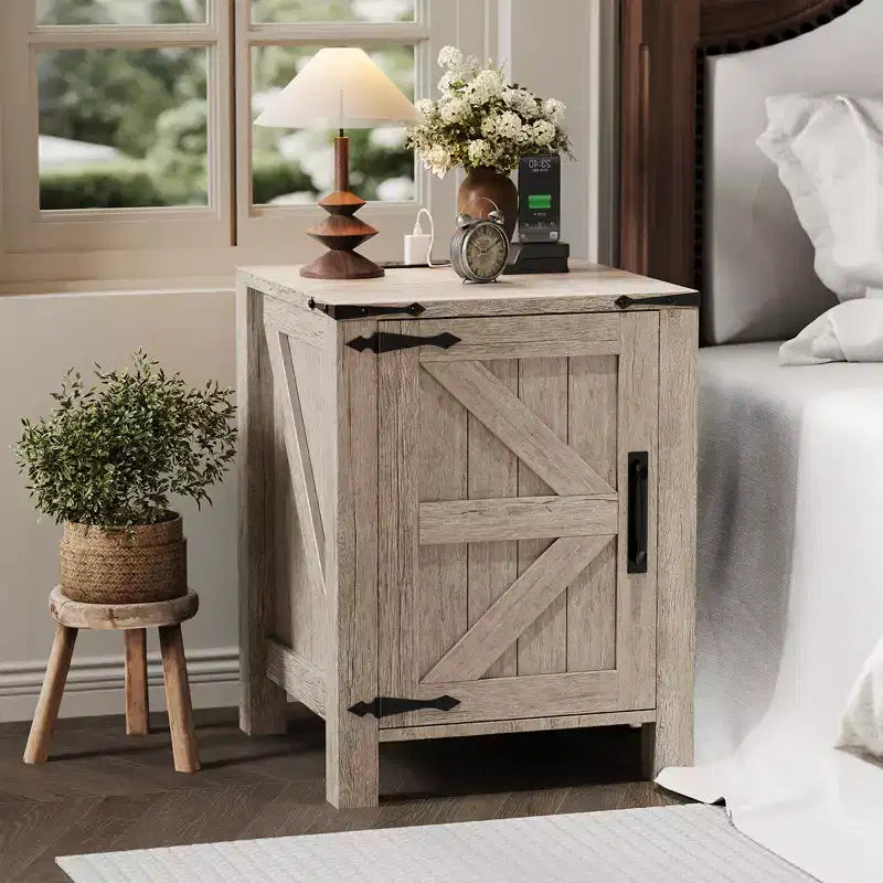 Farmhouse Nightstand with Charging Station, 18 Wooden Bedside Table with Barn Door, Adjustable Shelf &amp; Two-Level Storage