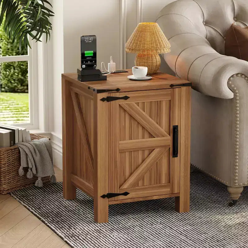 Farmhouse Nightstand with Charging Station, 18 Wooden Bedside Table with Barn Door, Adjustable Shelf &amp; Two-Level Storage