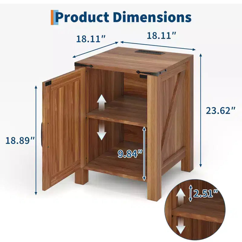 Farmhouse Nightstand with Charging Station, 18 Wooden Bedside Table with Barn Door, Adjustable Shelf &amp; Two-Level Storage