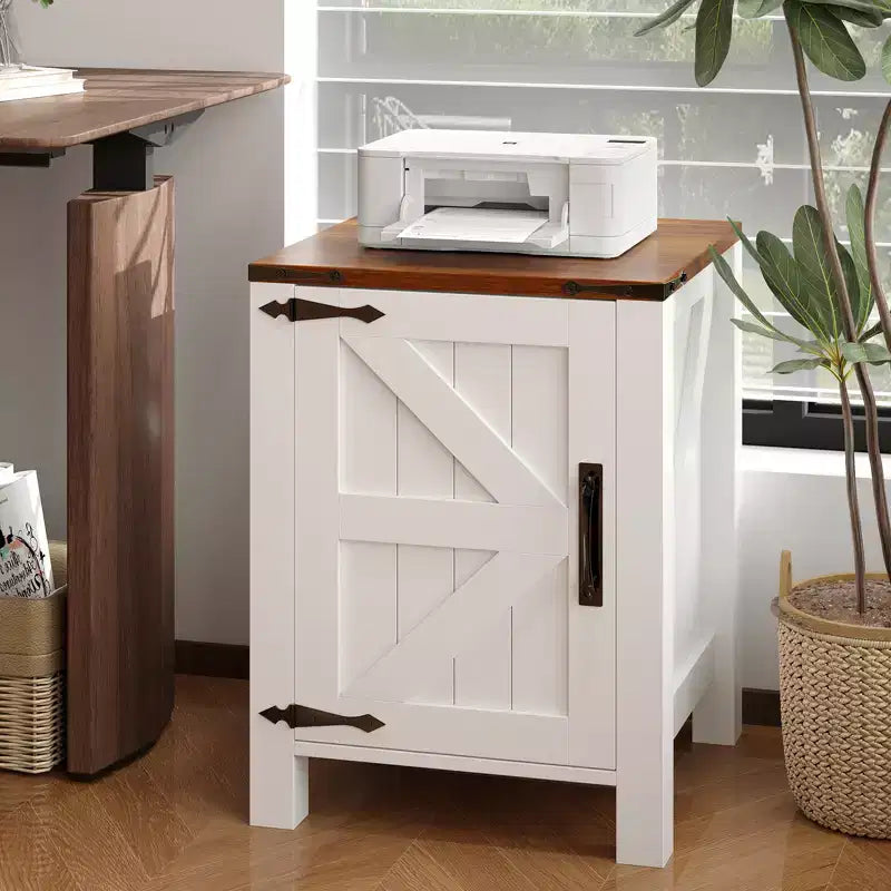Farmhouse Nightstand with Charging Station, 18 Wooden Bedside Table with Barn Door, Adjustable Shelf &amp; Two-Level Storage