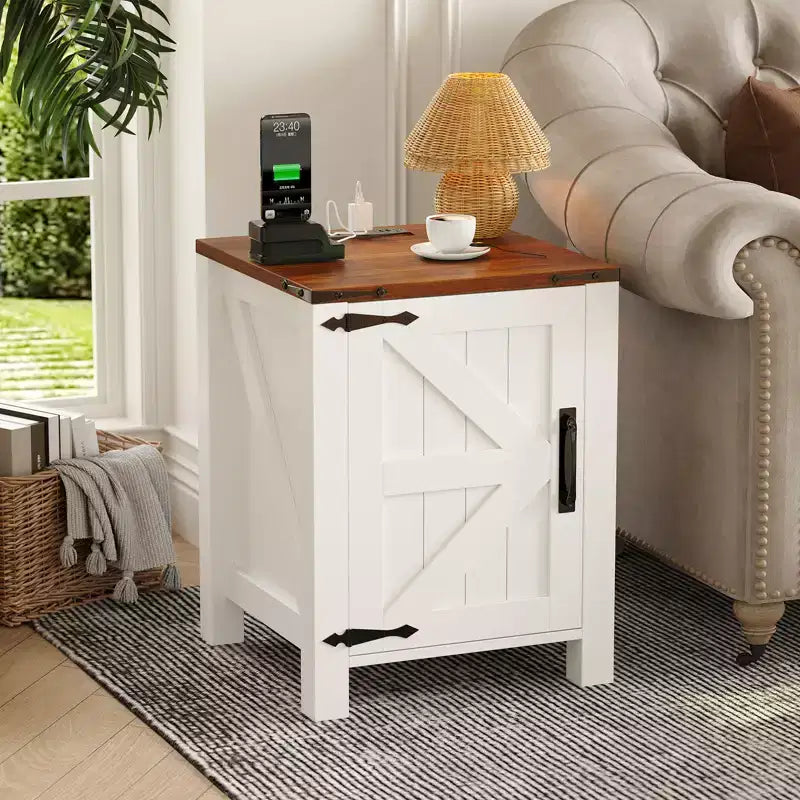 Farmhouse Nightstand with Charging Station, 18 Wooden Bedside Table with Barn Door, Adjustable Shelf &amp; Two-Level Storage