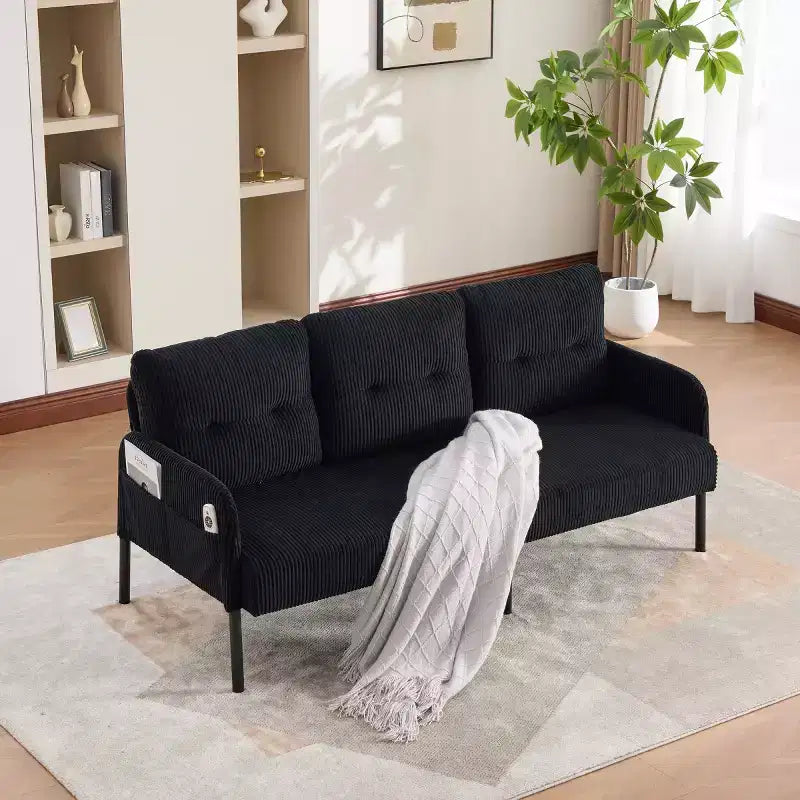 Oversized Modern Loveseat Sofa, 2-Seater Corduroy Couch with Metal Legs &amp; Side Pockets for Living Room, Bedroom, Dorm, or Apartment