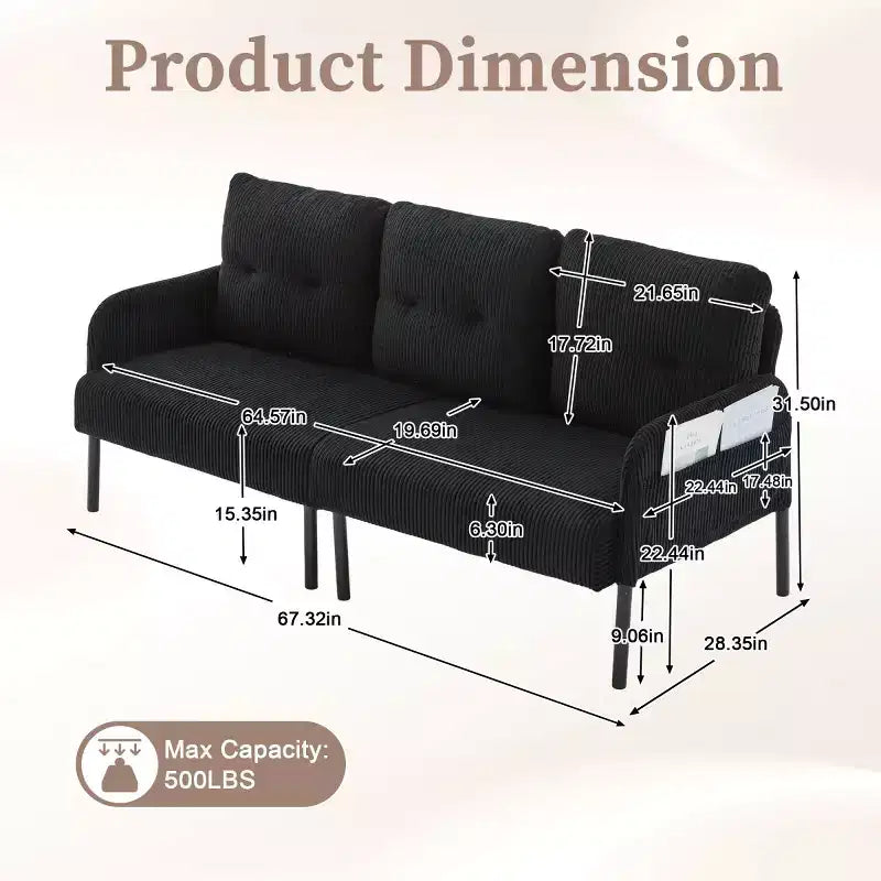 Oversized Modern Loveseat Sofa, 2-Seater Corduroy Couch with Metal Legs &amp; Side Pockets for Living Room, Bedroom, Dorm, or Apartment