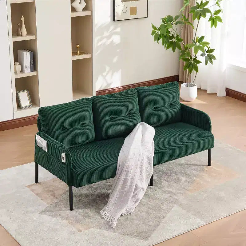 Oversized Modern Loveseat Sofa, 2-Seater Corduroy Couch with Metal Legs &amp; Side Pockets for Living Room, Bedroom, Dorm, or Apartment