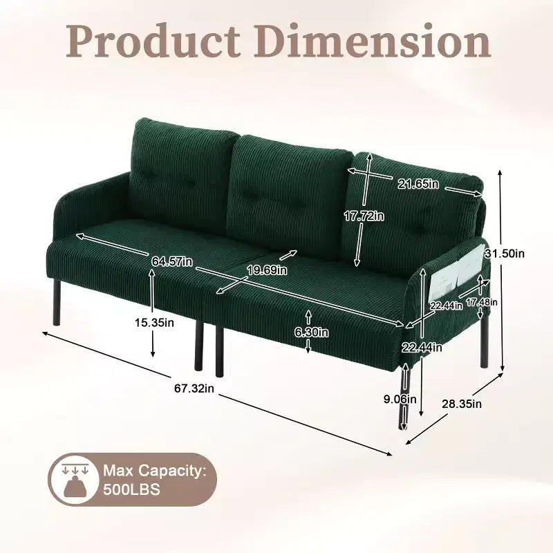Oversized Modern Loveseat Sofa, 2-Seater Corduroy Couch with Metal Legs &amp; Side Pockets for Living Room, Bedroom, Dorm, or Apartment
