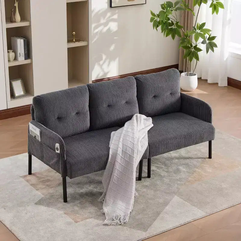 Oversized Modern Loveseat Sofa, 2-Seater Corduroy Couch with Metal Legs &amp; Side Pockets for Living Room, Bedroom, Dorm, or Apartment