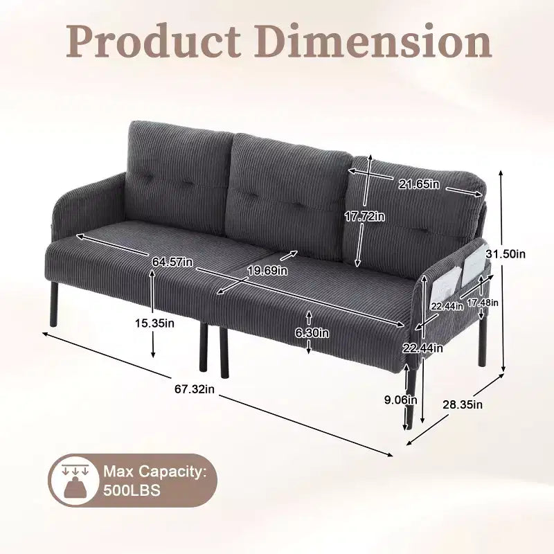 Oversized Modern Loveseat Sofa, 2-Seater Corduroy Couch with Metal Legs &amp; Side Pockets for Living Room, Bedroom, Dorm, or Apartment