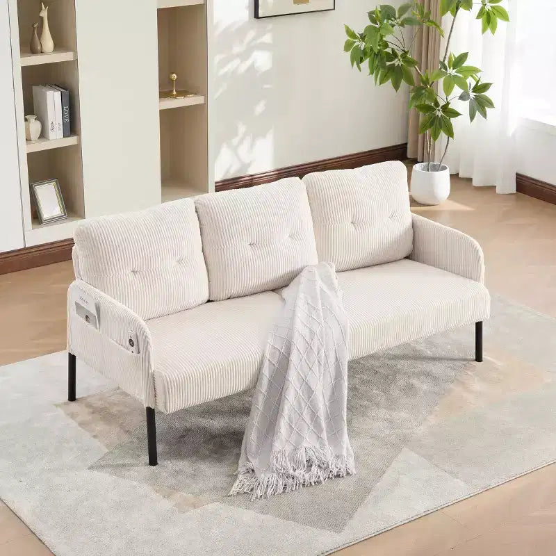 Oversized Modern Loveseat Sofa, 2-Seater Corduroy Couch with Metal Legs &amp; Side Pockets for Living Room, Bedroom, Dorm, or Apartment