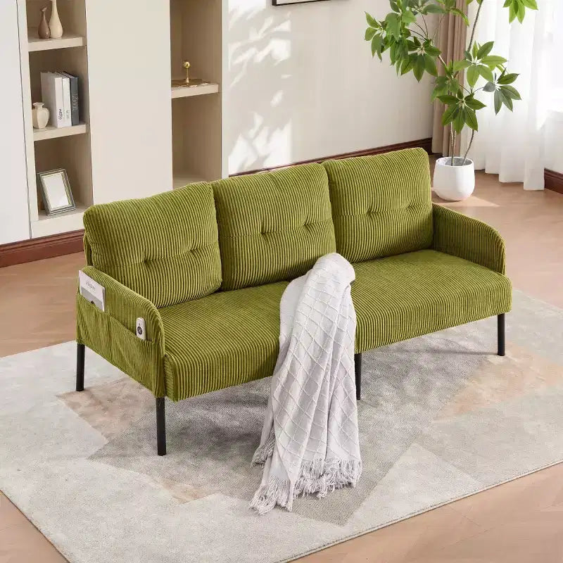 Oversized Modern Loveseat Sofa, 2-Seater Corduroy Couch with Metal Legs &amp; Side Pockets for Living Room, Bedroom, Dorm, or Apartment