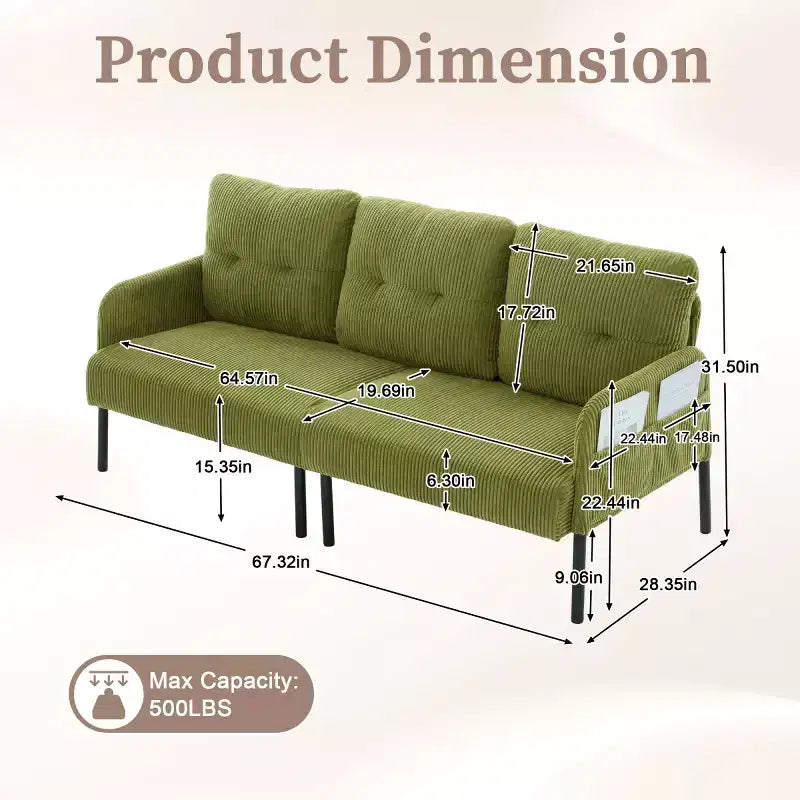 Oversized Modern Loveseat Sofa, 2-Seater Corduroy Couch with Metal Legs &amp; Side Pockets for Living Room, Bedroom, Dorm, or Apartment