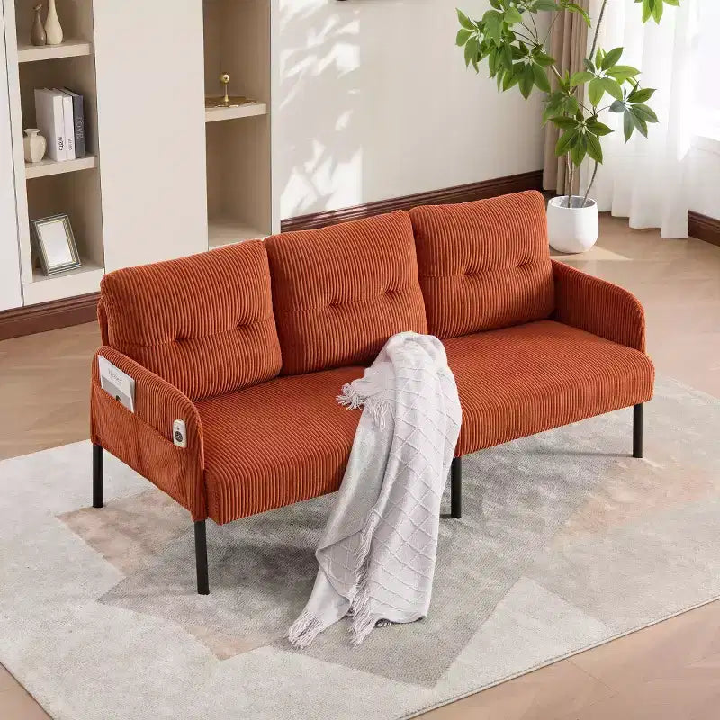 Oversized Modern Loveseat Sofa, 2-Seater Corduroy Couch with Metal Legs &amp; Side Pockets for Living Room, Bedroom, Dorm, or Apartment