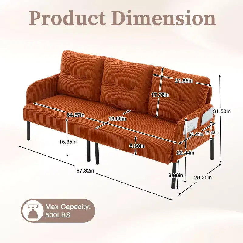 Oversized Modern Loveseat Sofa, 2-Seater Corduroy Couch with Metal Legs &amp; Side Pockets for Living Room, Bedroom, Dorm, or Apartment